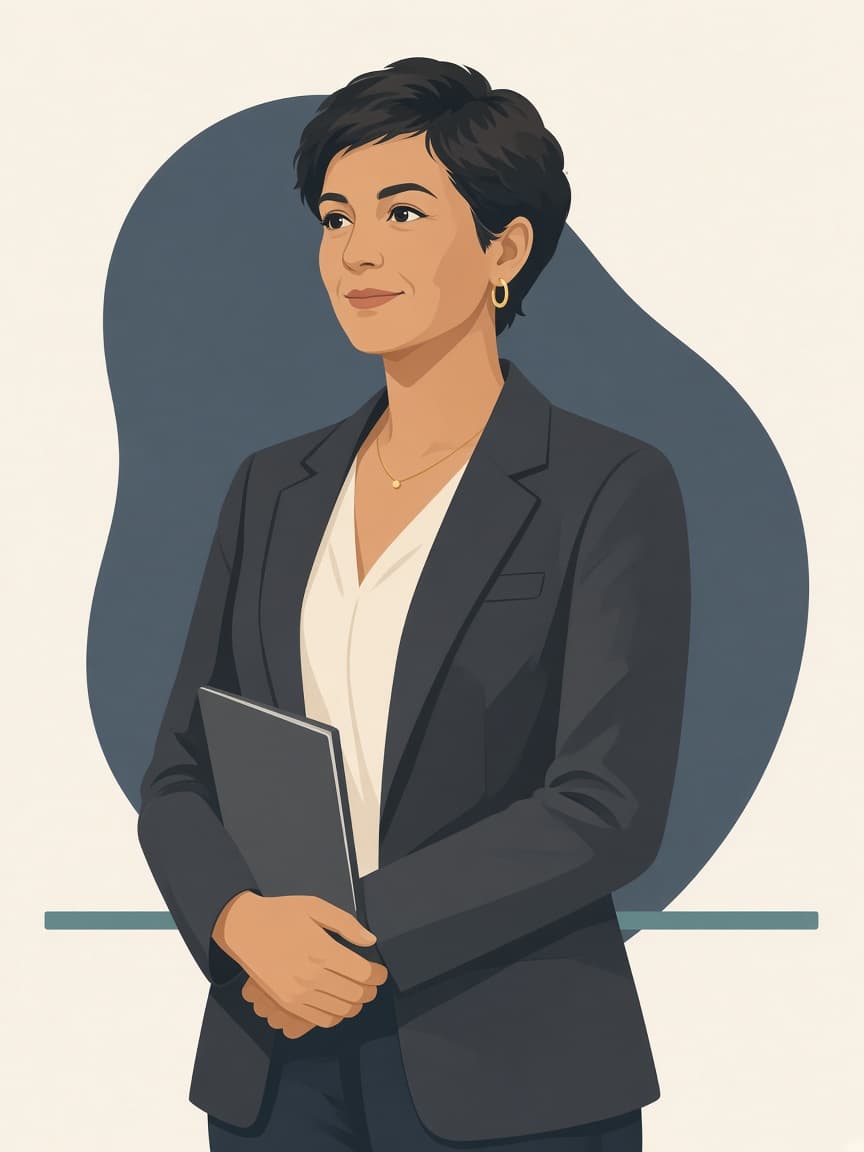 Illustrated admin in a charcoal blazer, holding a folder.