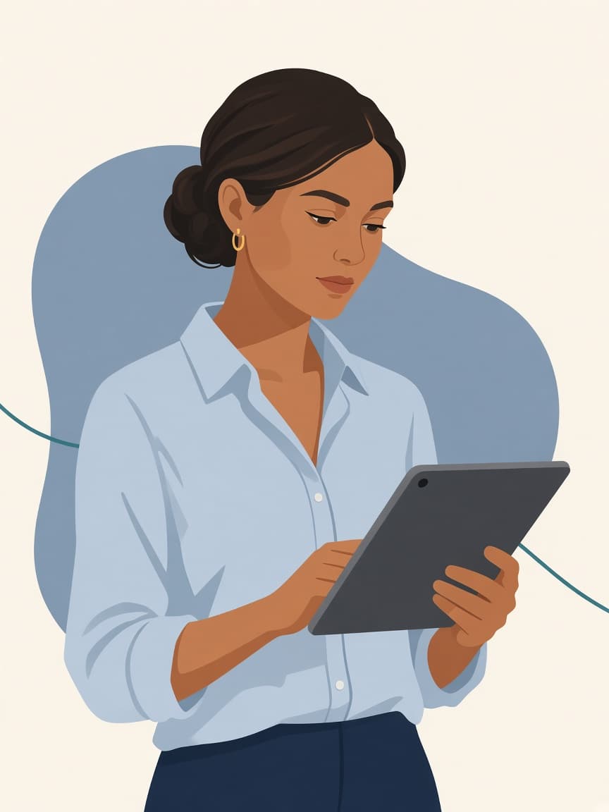 Illustrated learner looking at a tablet.