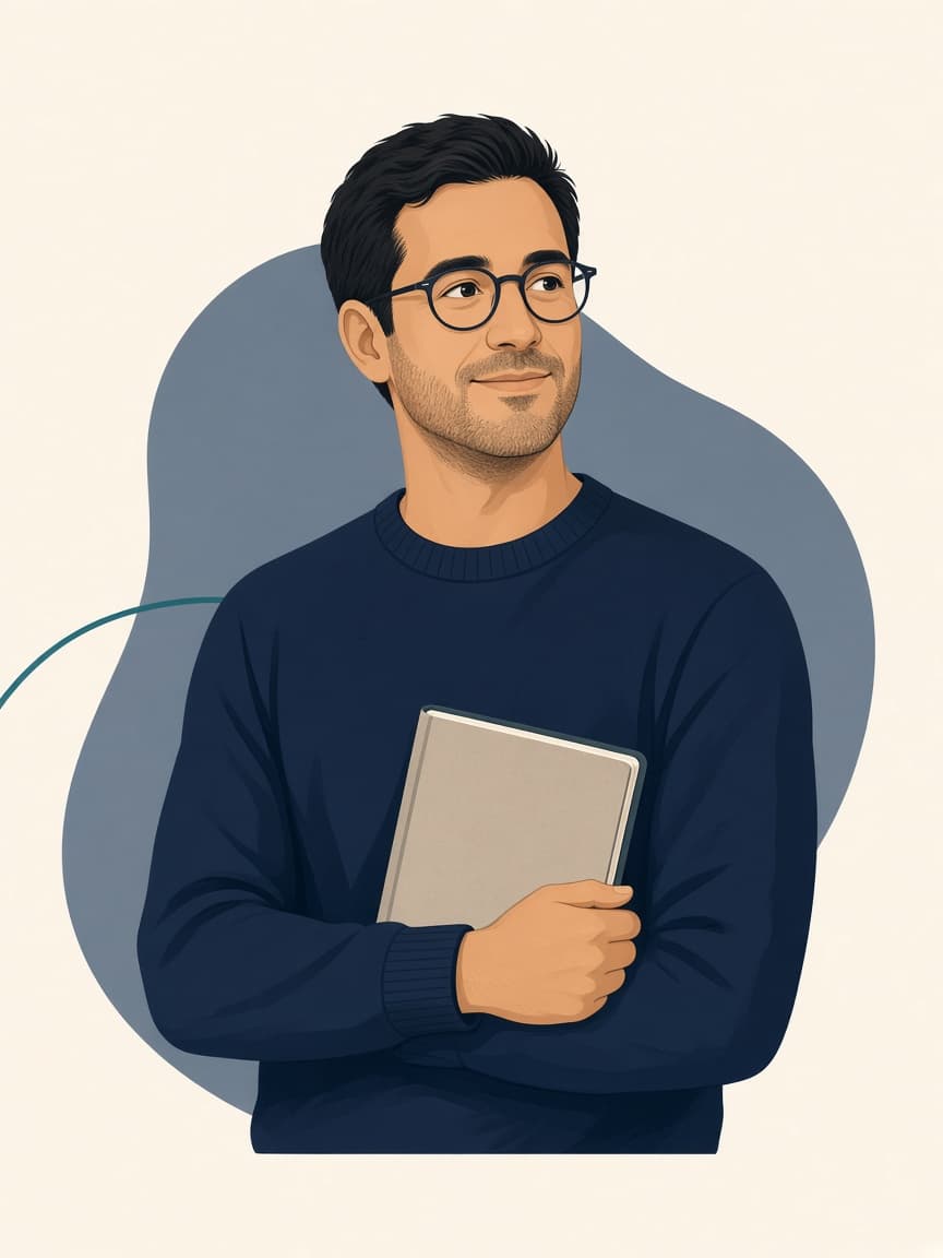 Illustrated trainer in a navy sweater, holding a notebook.